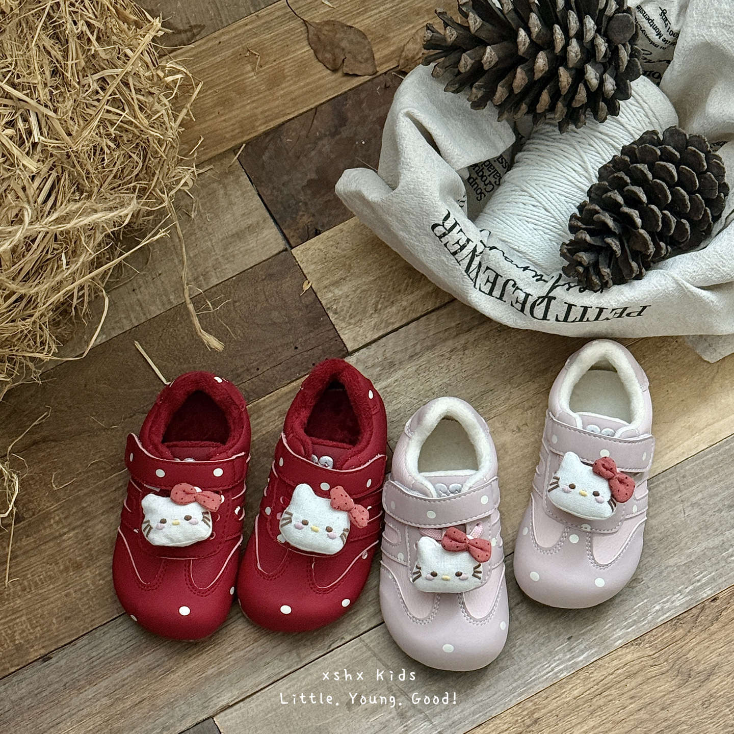 秋冬波点哈基米女童猫咪玩偶复古机能薄底阿甘鞋魔术贴防滑运动鞋