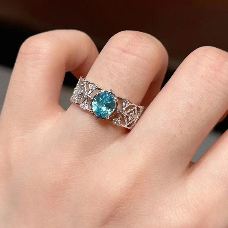 中古蕾丝vintage轻奢彩宝托帕石925纯银钻戒锆石戒指女鸽子蛋蓝钻