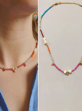 天然石女彩色项链锁骨链多巴胺潮