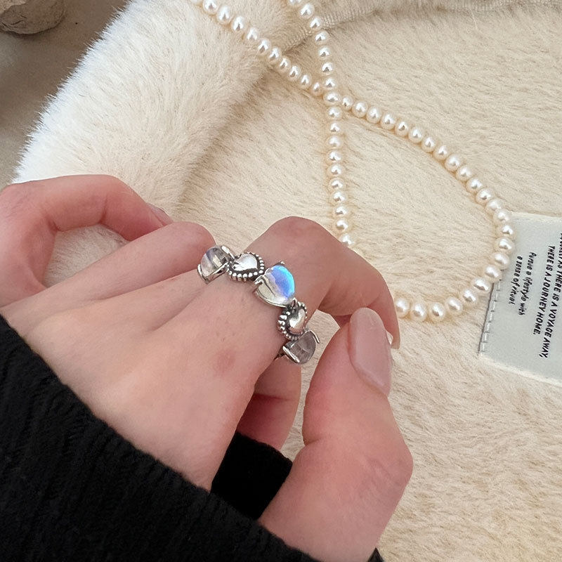 幻彩爱心月光石复古做旧工艺s925纯银戒指女学生酷女孩饰品食指戒