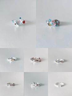 925纯银拉丝彩色锆石欧泊月光石爱心戒指小众设计开口指环轻奢ins