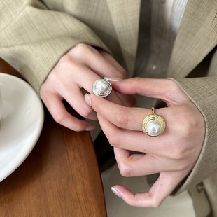s925纯银珍珠圆形戒指女简约气质小众设计个性 韩国订单款 开口指环