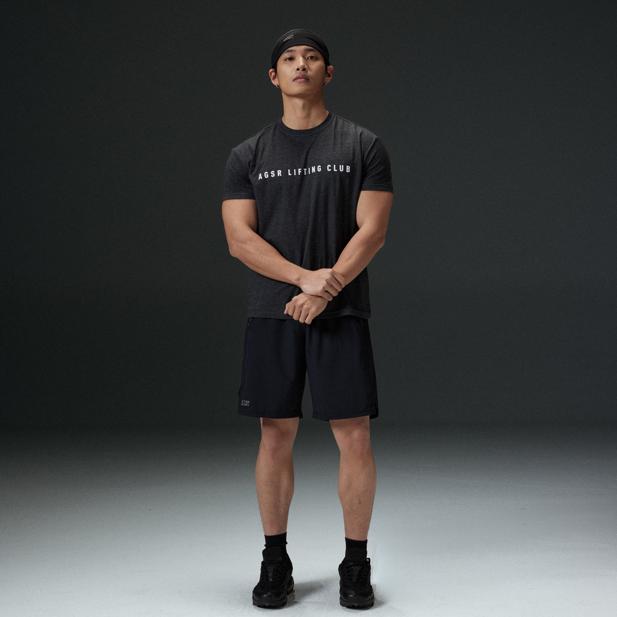 AFTERGLOW春夏收袖口竹节纹印花TEE 健身运动修身微落肩花纱短袖