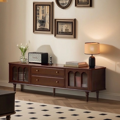 美式复古实木电视柜带储物玻璃门