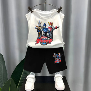 兒童奧特曼運動服中小童男孩潮酷兩件套裝 男童純棉背心套裝 新款