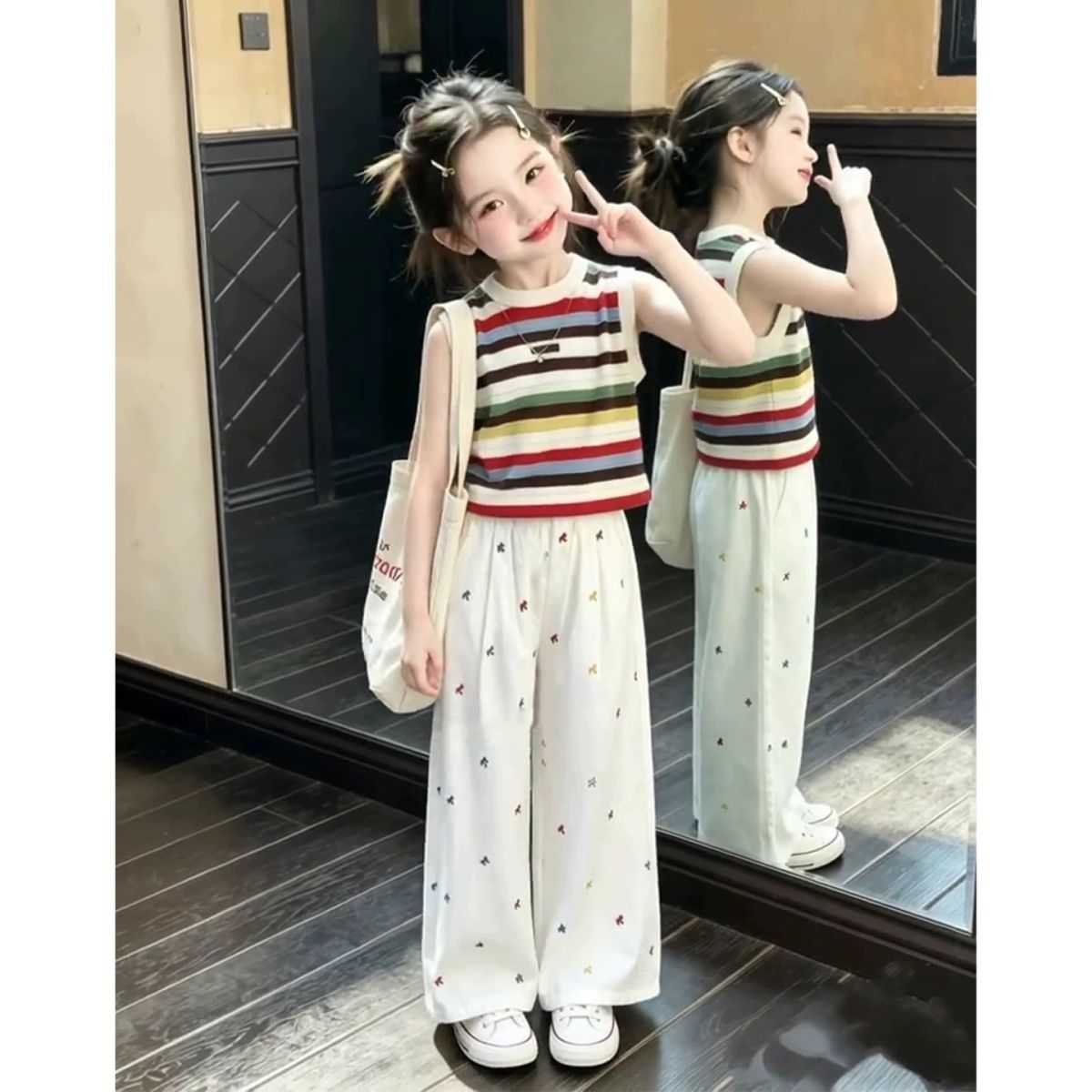 女童夏季套装条纹无袖背心图片