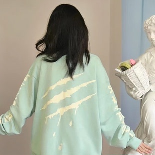 300斤日系潮流甜美薄荷绿宽松印花卫衣特大码时尚休闲百搭外套