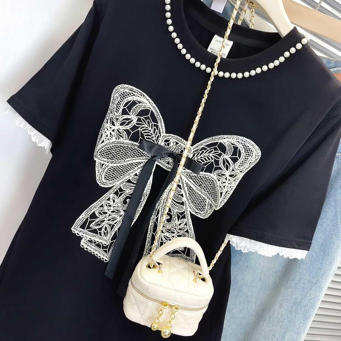 黑色钉珠蝴蝶结印花短袖t恤女2025新款夏季宽松拼接蕾丝欧货上衣