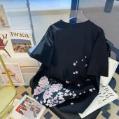 大码 上衣潮 宽松胖妹妹显瘦情侣款 中国风刺绣小众短袖 t恤男女夏装