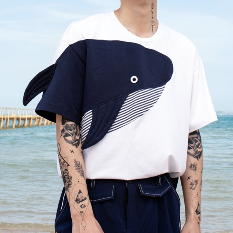 21支210g精梳纯棉夏季蓝鲸立体拼接短袖T恤男女宽松版潮流上衣