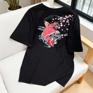 新款 T恤夏季 复古潮牌上衣 300斤绣花鲤鱼百搭宽松遮肉短袖 特大码