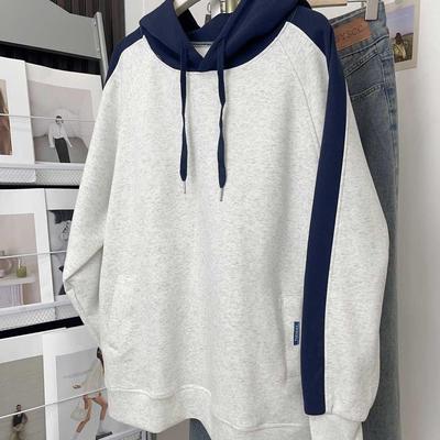 原创美式高街复古拼接不撞色设计连帽卫衣男女宽松情侣通勤上衣