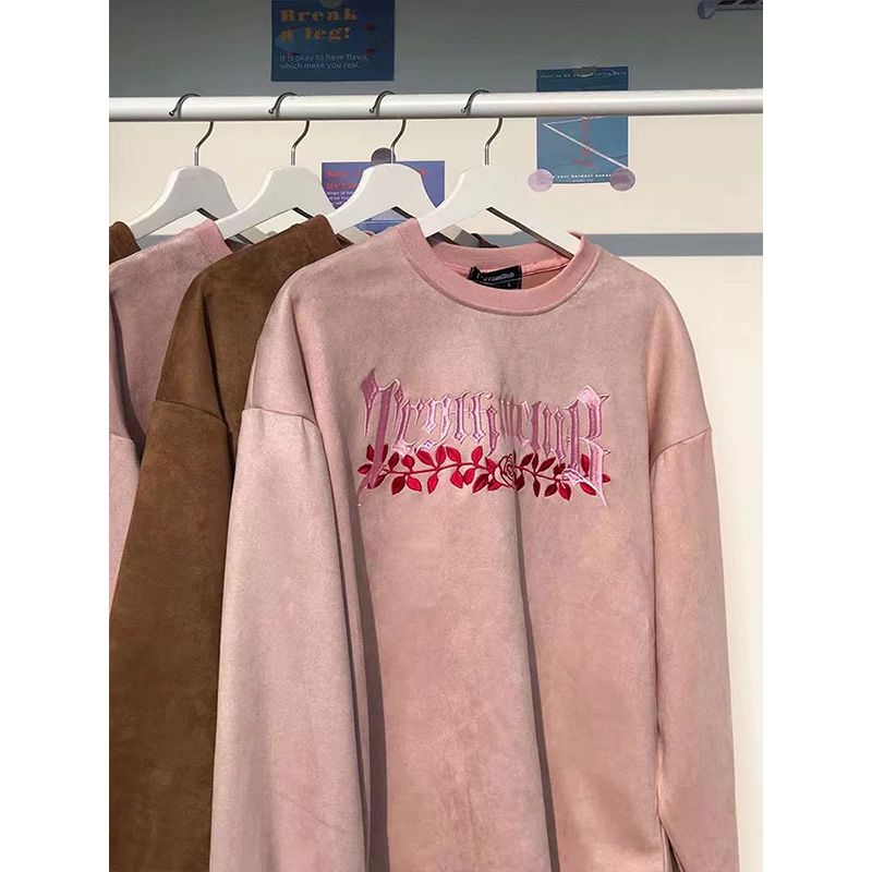 300斤大码藕粉色美式2022麂皮绒卫衣男女上衣小众显瘦情侣款外套