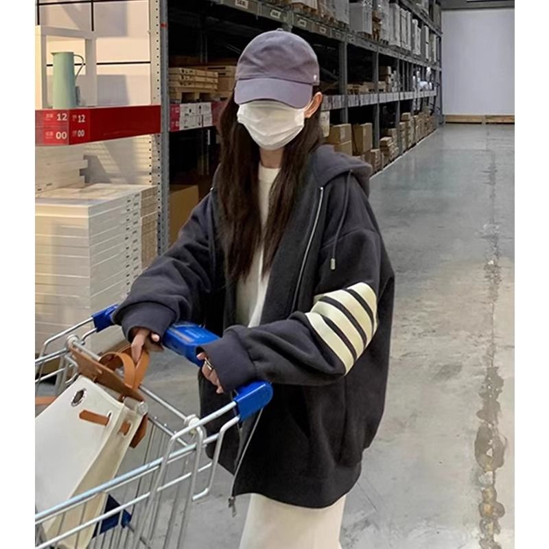 2025年新款特大码300斤条纹印花休闲百搭卫衣慵懒风宽松连帽上衣