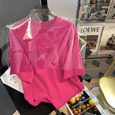 100%纯棉火龙果色大码字母短袖T恤女夏宽松美式chic港味街头上衣