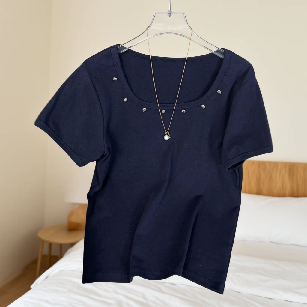 2026夏季新款纯棉百搭修身短袖T恤大码女装减龄铆钉个性时尚上衣
