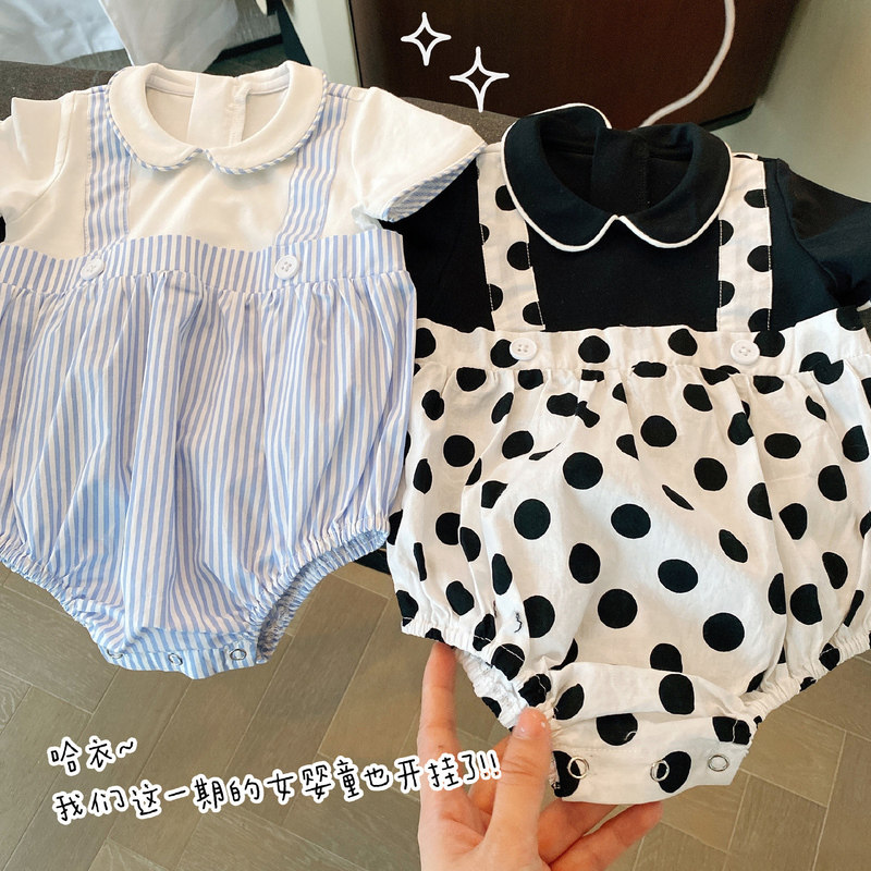 陈大猪L妈 女宝宝假两件三角哈衣婴儿背带爬服夏外出新生儿连体衣