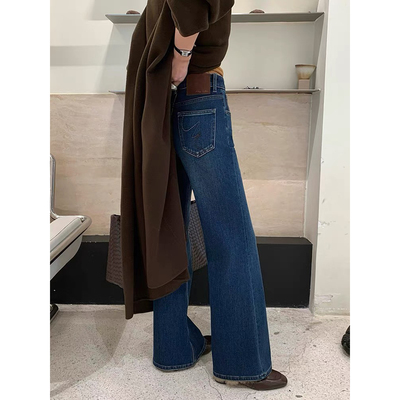 SMX98296加绒直筒微喇牛仔裤女2025秋冬喇叭裤高腰加厚阔腿拖地裤
