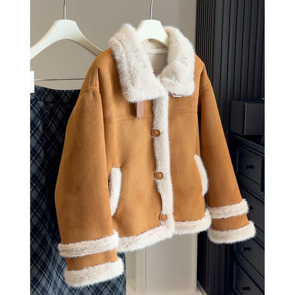 2025秋冬韩版宽松显瘦皮毛一体外套女麂皮绒加厚保暖长袖外套上衣