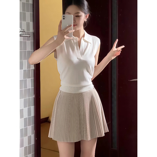韩系气质穿搭一整套女装 背心搭配百褶半身裙两件套 夏季 Polo领无袖