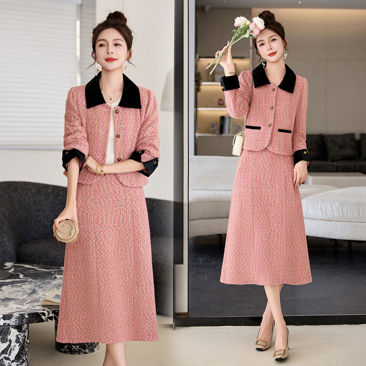 2026年春装新款套装女款爆款小香风连衣裙两件套气质修身毛呢套裙