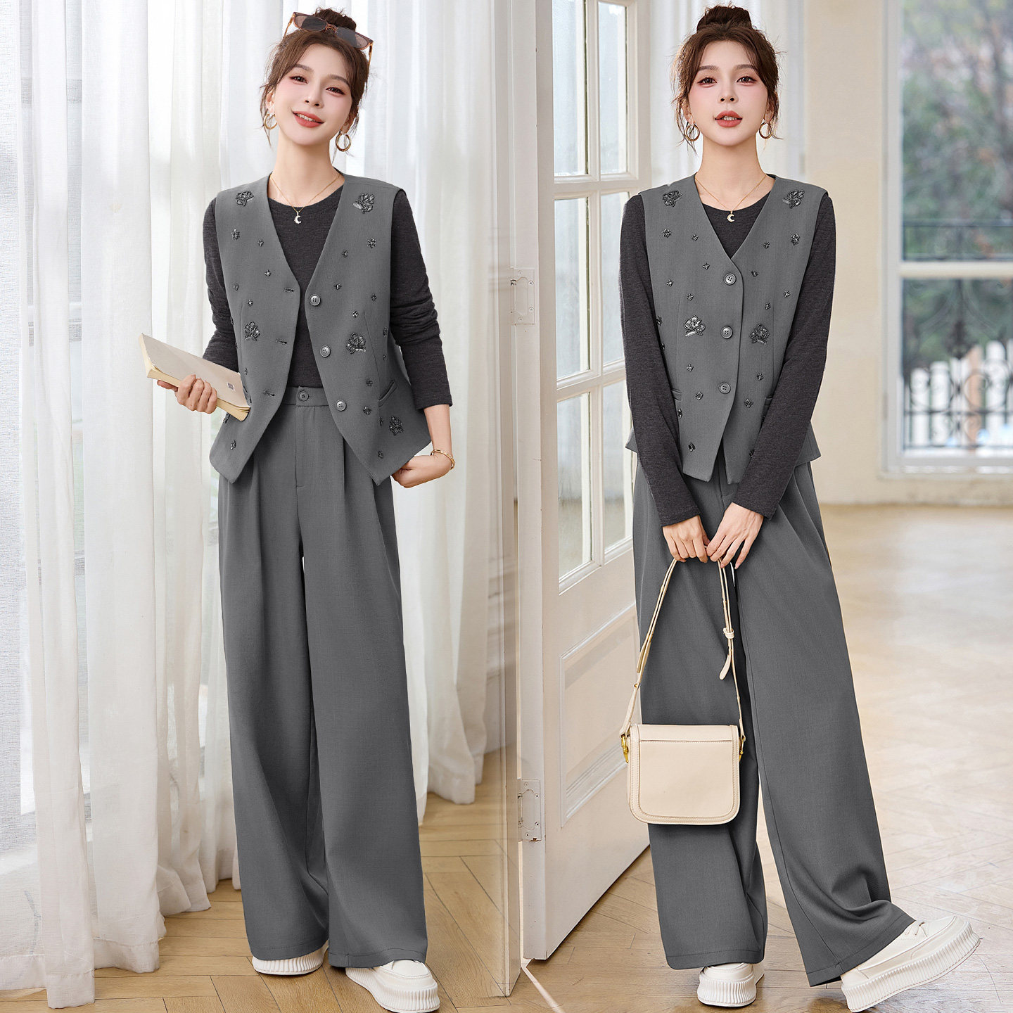 时尚套装女款爆款2026新款春装阔腿裤一整套穿搭通勤上班职业搭配