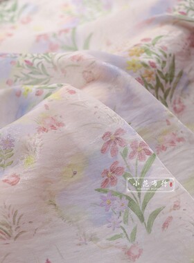 花影绮梦 粉紫色底印花 锦纶暗纹提花闪光感面料夏汉服旗袍布料