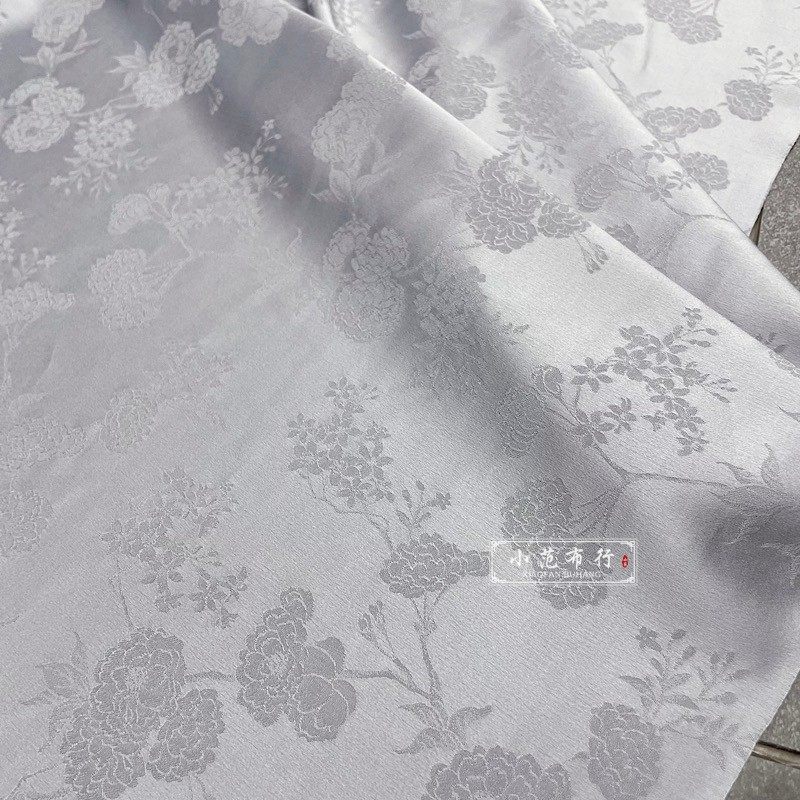 绣球花提花弹力真丝缎面布料 黑色蓝色灰色新中式衬衫旗袍面料