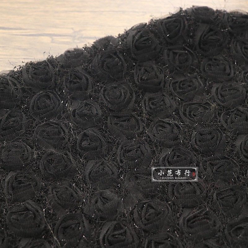黑色小玫瑰盘花布料 设计感亮丝针织弹力时装面料 垂坠手工diy,居家布艺,海绵垫/布料/面料/手工diy,淘宝优惠券,粉丝福利购,淘宝优惠卷