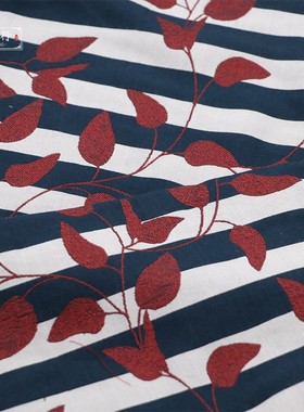 经典蓝白色条纹 红叶色织提花布料 柔软春秋抗皱旗袍西装时装面料