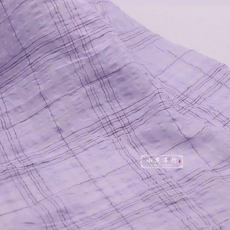 夏季薄款紫色暗纹提花格子格纹布料 苎麻筋骨感袍子衬衫时装面料