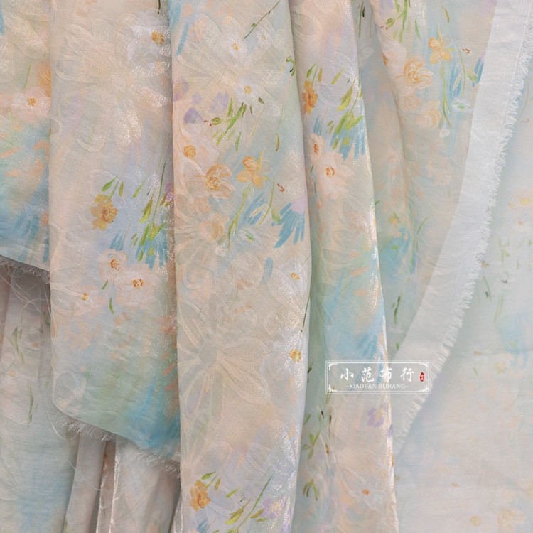 莫奈风雏菊暗纹锦纶提花布料 轻薄夏季连衣裙旗袍少女感童装面料