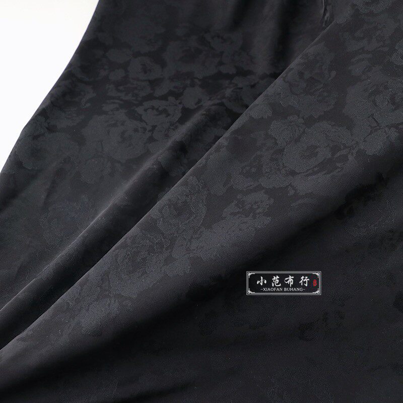 春夏 纯黑色雾玫瑰仿真丝提花布海绵垫/布料/面料/