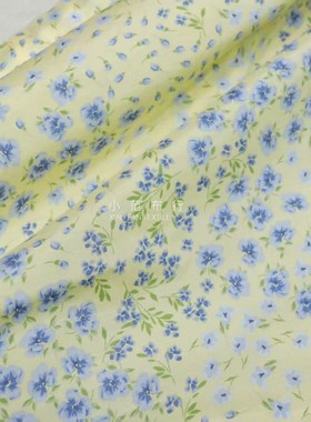 夏季纯棉缎黄色底蓝色小花印花布料 光泽感连衣裙汉服防晒面料