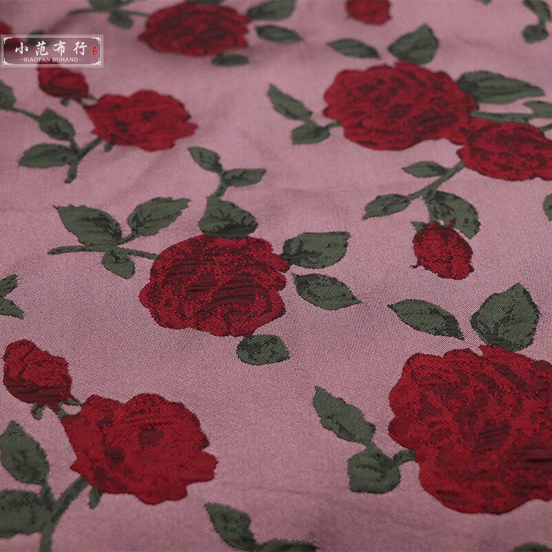 红玫瑰 高档色织提花布料 立体感泡泡花旗袍时装面料 抗皱吊带裙