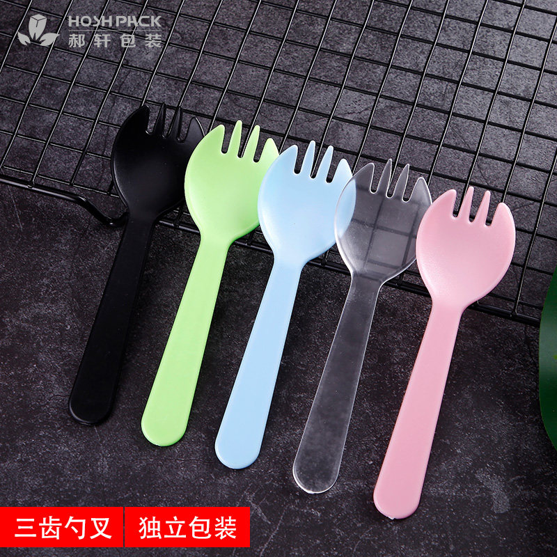 小号一次性塑料叉三齿叉勺勺叉甜品蛋糕叉子冰激凌勺加厚型100个_虎窝淘