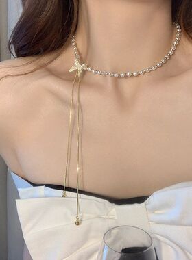 甜美高级感蝴蝶流苏珍珠项链女款