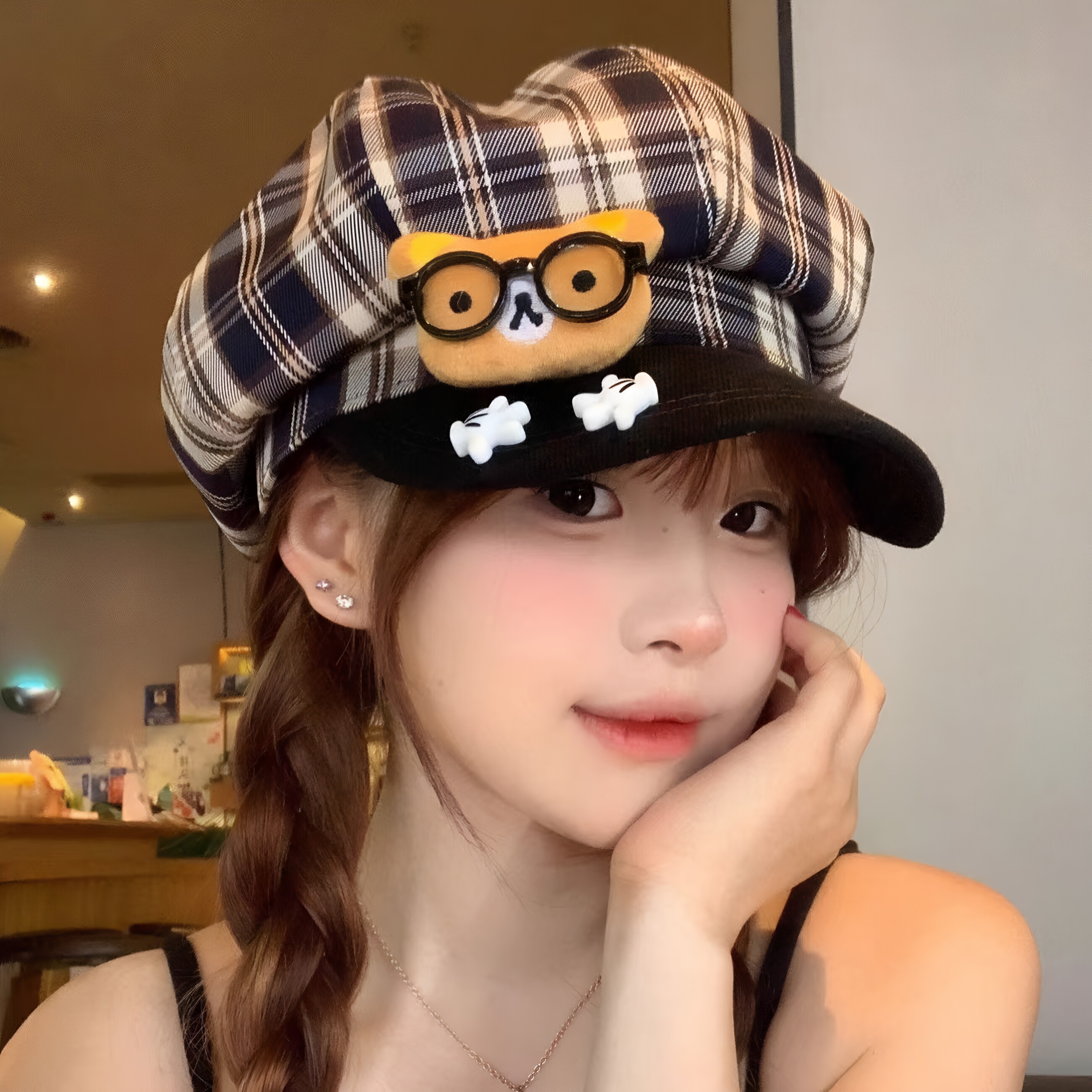 可爱眼镜小熊格纹贝雷帽女春秋甜美显脸小八角帽大头围时尚画家帽