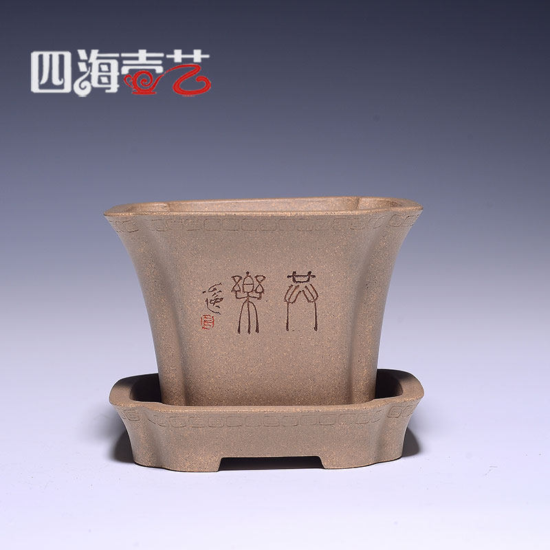 紫砂盆精品微型纯手工名家收藏盆陈志云制陆轶舟刻绘配套托盘底座