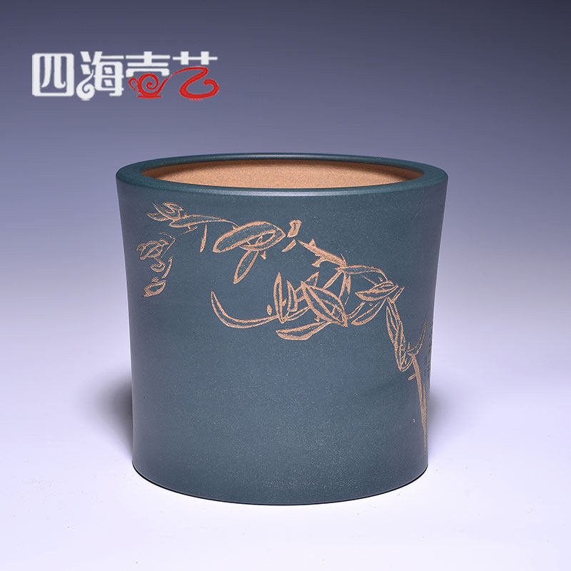 名家纯手工精品收藏中型圆笔筒陈志云制龚林敏刻绘原矿段泥粉绿桨