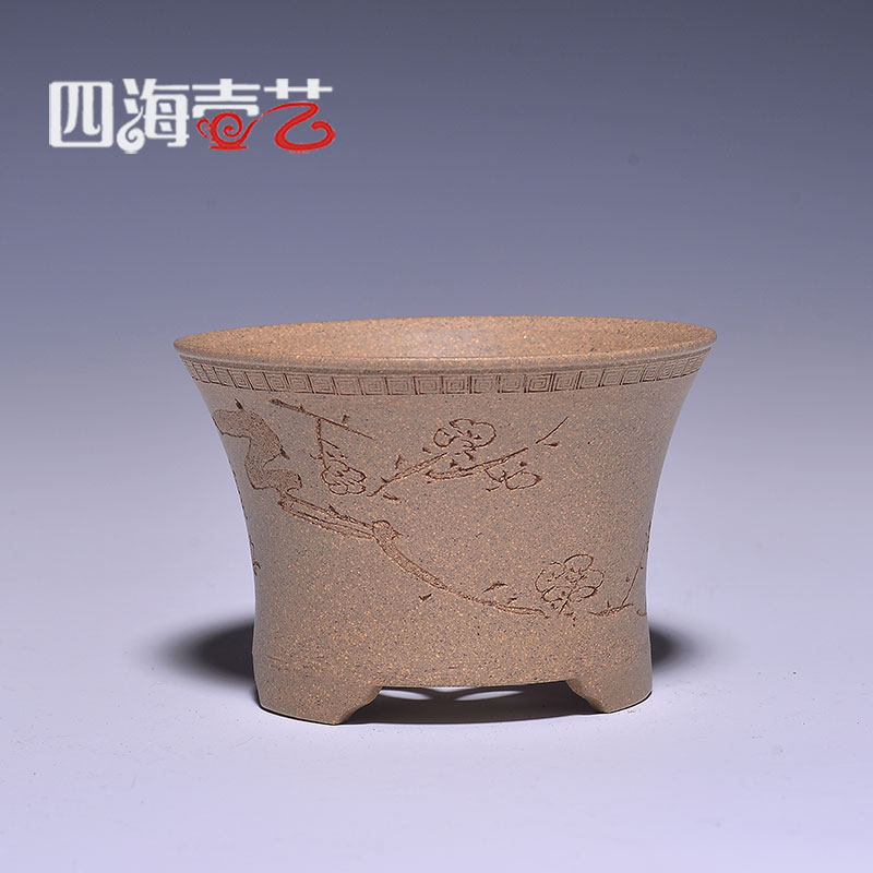 宜兴名家收藏微型纯手工紫砂花盆陈志云制龚林敏陶刻赏梅原矿段泥