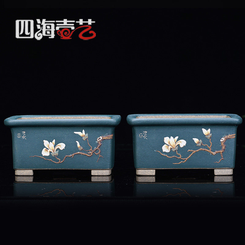 四海壶艺宜兴精品纯手工紫砂花盆长方马槽彩绘陈志云制陆轶舟刻绘