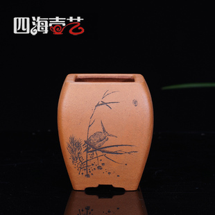 四海壶艺宜兴精品纯手工小型盆景紫砂盆四方工式肖小根制无求刻绘