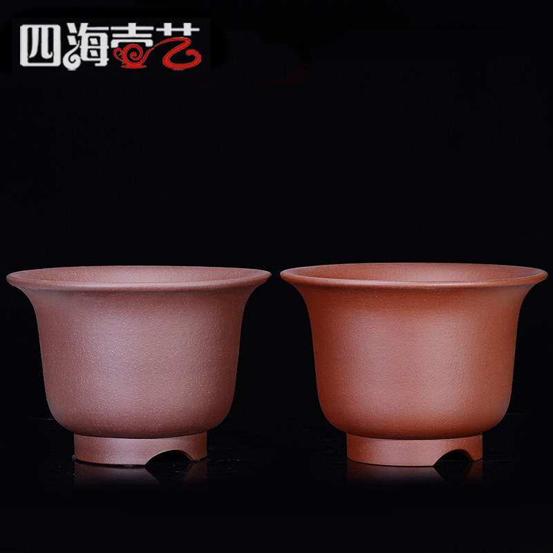 宜兴精品中型紫砂花盆兰花盆徐卫群圆型高深瓢口金钟盆原矿清水泥