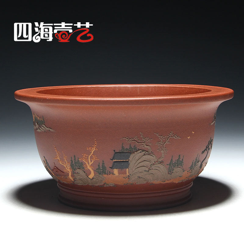 四海壶艺 储国强宜兴精品收藏微型盆景紫砂彩色泥绘圈足花盆