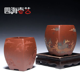 宜兴微型紫砂小花盆 四海壶艺 储国强纯手工本彩色泥绘 四方宫灯