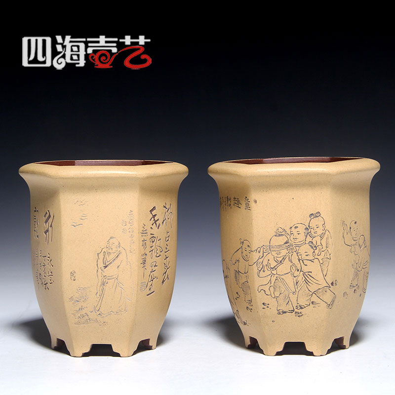 宜兴紫砂花盆微型纯手工精品无求玉人刻绘原矿清水泥粉桨本山绿泥 - 实物图