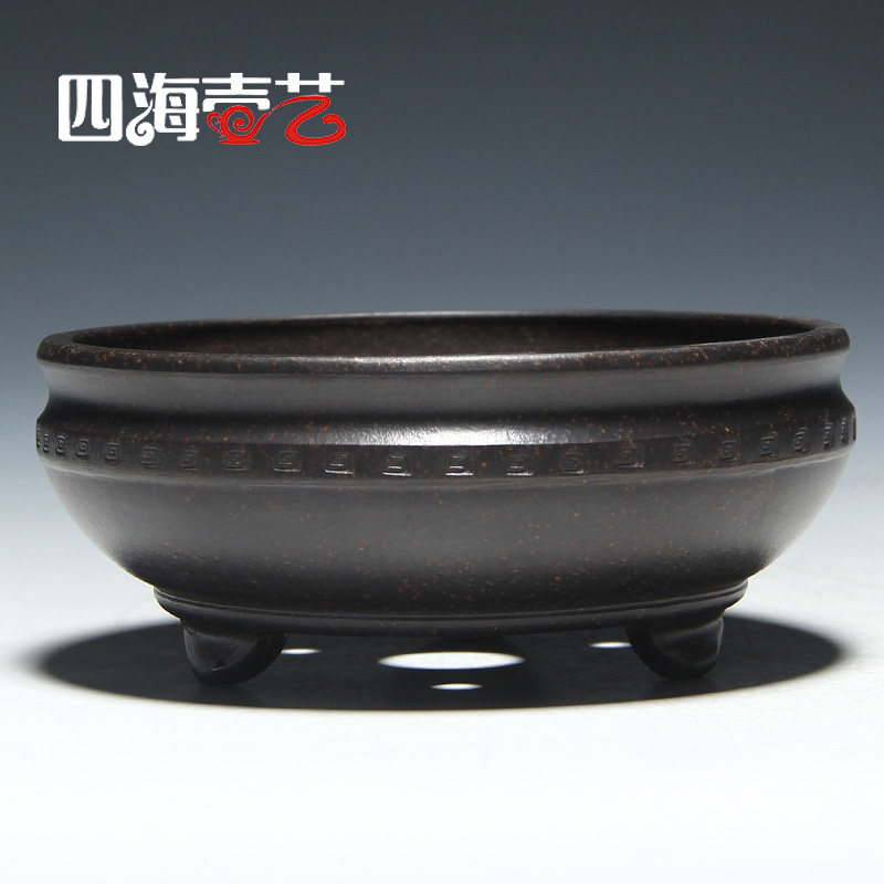 四海壶艺宜兴精品紫砂微型迷你桌面多肉盆景回纹圆盆小花盆