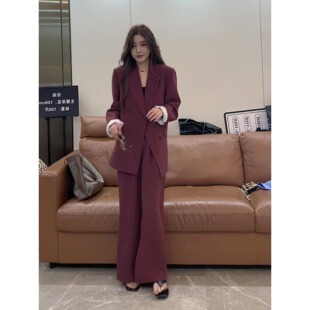 胖mm港风chic冷淡系两件套女春秋大码高级流行酒红色小西服套装女