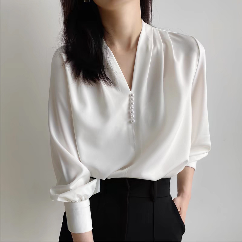 胖mm通勒职业V领雪纺白衬衫女夏